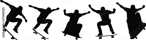 Skateboarder Silhouette Performing Tricks in Mid-Air Jump Sequence, Extreme Sport Action, Urban Youth Culture, Dynamic Motion, Black Vector Icons