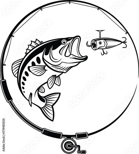 Bass fishing silhouette with a jumping largemouth bass chasing a lure. A fishing rod creates a circular frame. Black and white vector