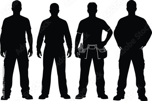 Silhouettes of diverse workers standing together, construction laborer with tool belt, teamwork concept, unity, employment, occupations, professional people illustration