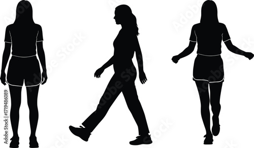 "Human silhouette vector illustration showing standing pose, walking side view, and walking front view, isolated black figures on white background"