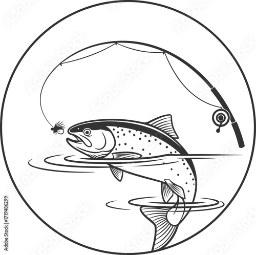 Minimalist fly fishing silhouette with a jumping trout black and white vector