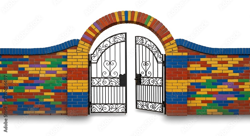 Obraz premium Enter the whimsical garden through this ornate gate set in a vibrant brick wall, ideal for children's book illustrations or playful design projects that need a splash of color