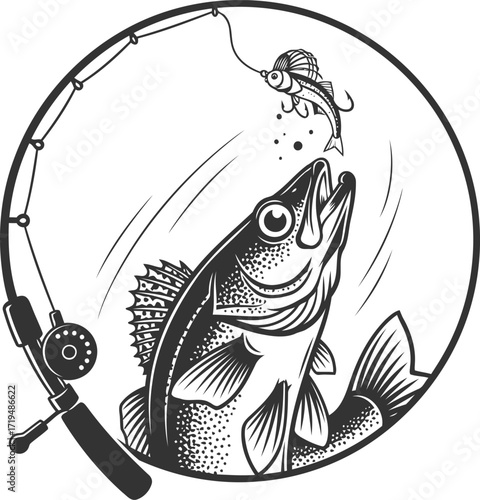 Walleye fishing silhouette with a jumping fish chasing a jig lure. A spinning rod creates a circular frame. Black and white vector