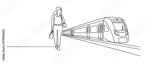 single one line drawing of woman go traveling by train. all about station and train activity. one line Icon drawing with white background