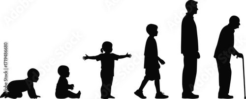 Silhouette evolution of human life stages from baby to elderly with cane, growth development concept, aging process vector illustration design