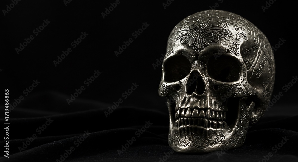 Obraz premium A decorative metallic human skull with intricate floral engravings on a dark, luxurious black fabric background