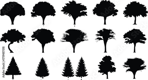 Silhouette collection of diverse tree shapes in vector illustration, including broadleaf and coniferous designs for nature, landscape, forest, environment themes