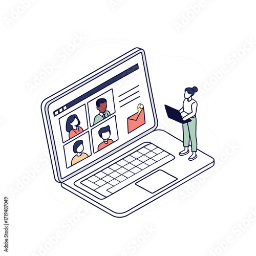 Online digital communication on a laptop with a lot of money and a business notebook