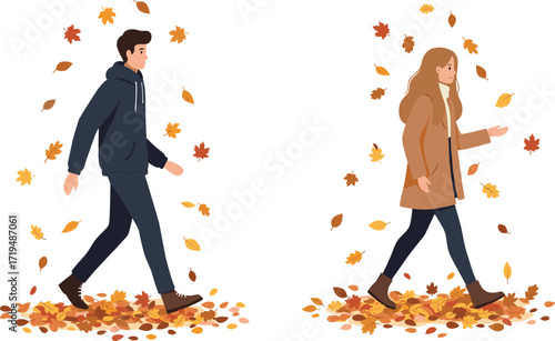 Happy couple walking together enjoying a beautiful autumn day with falling leaves and warm scarves.