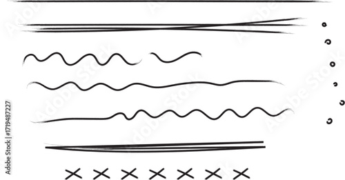 Collection of handdrawn brush stroke lines, wavy lines, underlines, and crosses isolated on white background, representing graphic elements and design accents