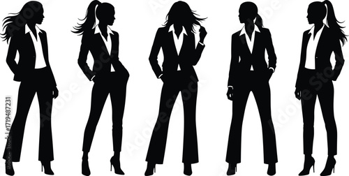 Professional businesswomen silhouettes in formal suits standing in confident poses, corporate female teamwork, leadership, empowerment, diversity, office fashion illustration vector