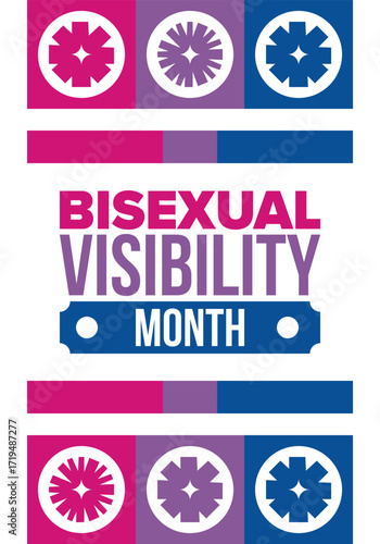 Bisexual Visibility Month. Celebrate Bisexuality Day. Bisexual Pride and Bi Visibility Day. Bisexual flag. Coming out. Celebrated annual in September. Festival and parade. Poster. Vector illustration