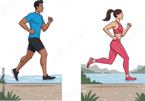 A happy couple jogging in a park, enjoying a healthy and active outdoor lifestyle.