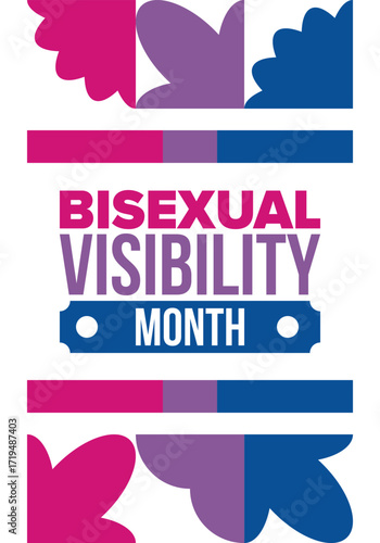 Bisexual Visibility Month. Celebrate Bisexuality Day. Bisexual Pride and Bi Visibility Day. Bisexual flag. Coming out. Celebrated annual in September. Festival and parade. Poster. Vector illustration