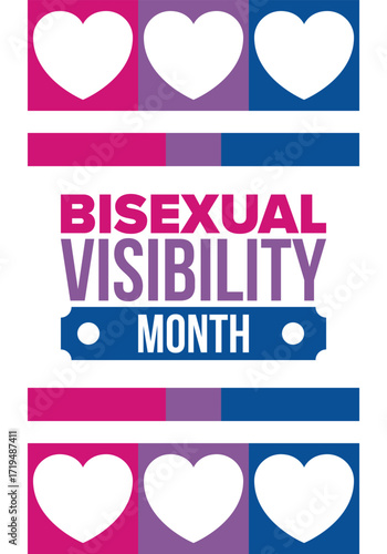Bisexual Visibility Month. Celebrate Bisexuality Day. Bisexual Pride and Bi Visibility Day. Bisexual flag. Coming out. Celebrated annual in September. Festival and parade. Poster. Vector illustration
