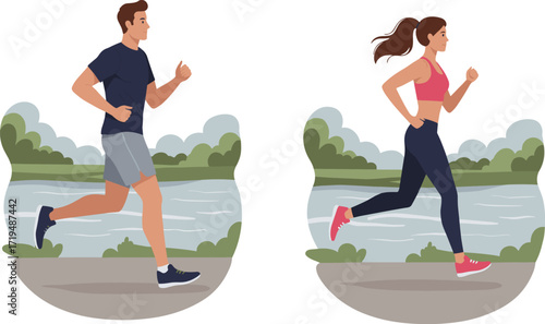 A happy couple jogging in a park, enjoying a healthy and active outdoor lifestyle.