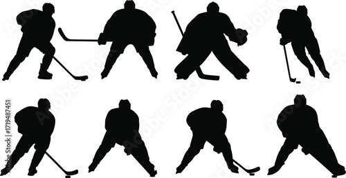 Ice Hockey Silhouettes of Players and Goalie in Action Poses for Sports Vector Illustration, Athletic Movement, Team Competition Concept