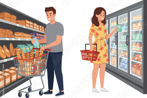 Confused man and thoughtful woman shopping for groceries at a supermarket, looking at products on the shelves.