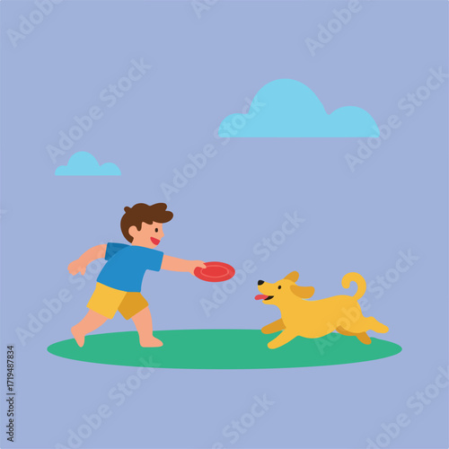 An illustration shows a young boy about to throw a red frisbee for his golden dog on green grass, set against a light purple background with blue clouds.