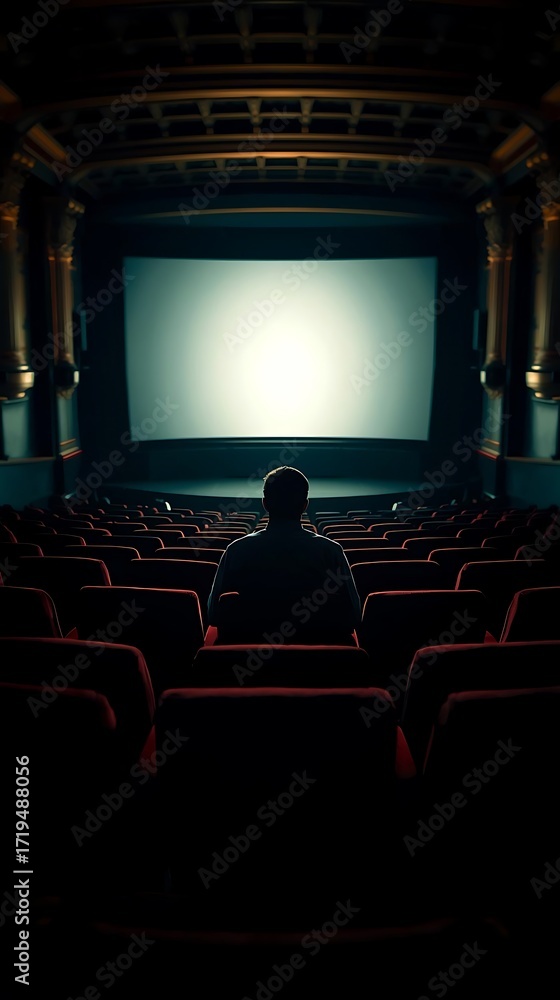 Fototapeta premium Lone figure watches bright screen in empty movie theater