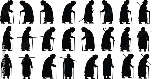 Elderly person silhouettes with cane walking poses, senior mobility aid vector set, aging lifestyle icons, healthcare support, rehabilitation illustration