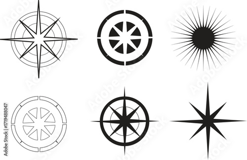 Collection of six stylized compass rose and starburst icons, isolated on white background, representing direction, navigation, and celestial elements