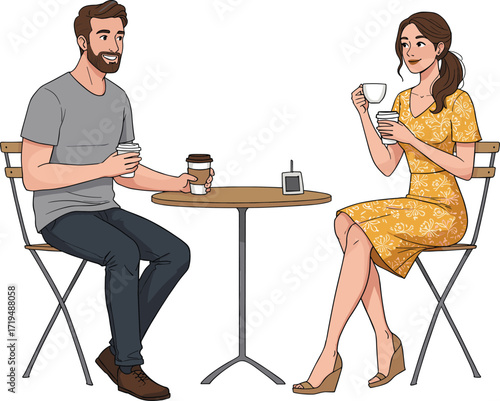 Happy diverse couple on coffee date, enjoying conversation outdoors at a cafe.