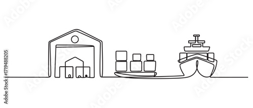Single continuous line drawing of Warehouse, shipping, port, cargo activity and all about port activity. one line Icon drawing with white background