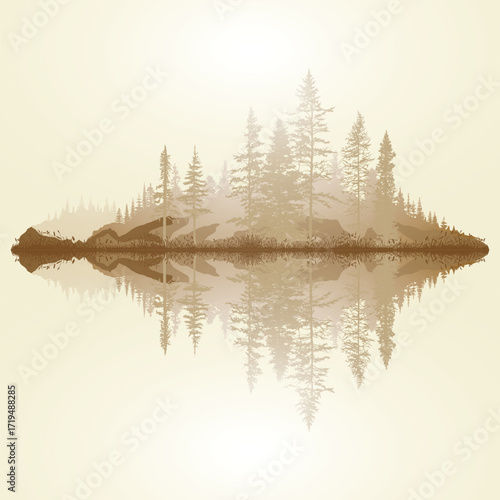 A wild wooded island in the fog, reflected in the lake, sepia tones, minimalistic landscape, vector illustration