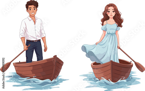 Young happy couple rowing in separate boats, smiling and enjoying a romantic lake or river date.