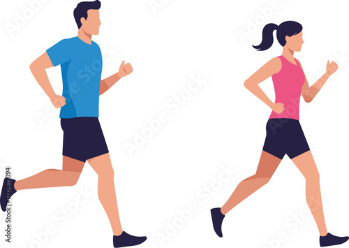 Young athletic couple jogging together, staying fit, healthy lifestyle, sports, activity, and regular exercise.