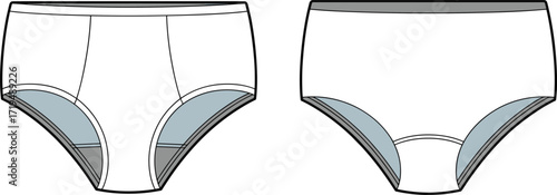 Men's underwear technical sketch, flat vector illustration, garment design template, CAD drawing, fashion apparel, innerwear construction, seam placement, textile layout