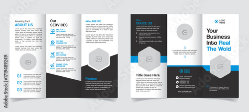 Modern vector trifold brochure template with various layout options for a business presentation