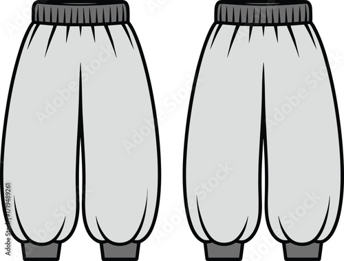 Sweatpants technical fashion illustration, elastic waistband flat sketch, casual garment design, CAD drawing, vector template, clothing style, apparel mockup