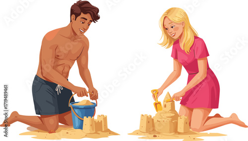 Young happy couple building a sandcastle on the beach, summertime vacation.