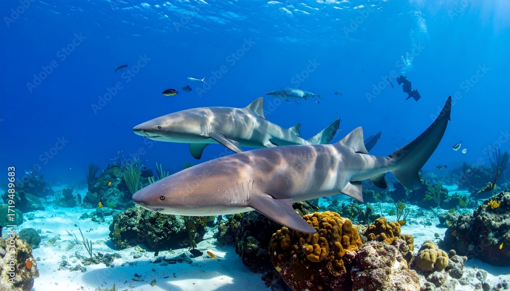 Obraz premium Underwater scene featuring sharks and diverse marine life in a vibrant ocean environment