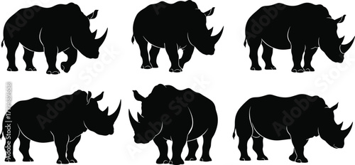 Black rhinoceros animal silhouettes set, wild safari wildlife vector illustration, African rhino icons collection for design, education, conservation themes