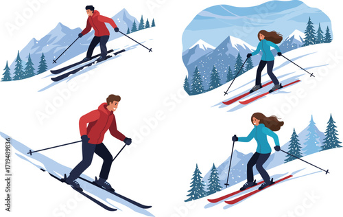 A collection of illustrations showing people skiing in the mountains, a man and a woman enjoying a winter sport vacation.