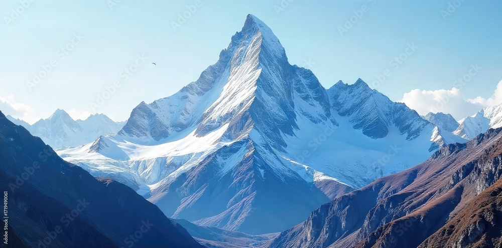 Obraz premium Majestic Snow-Capped Mountain Peak Sunlight Illuminates Pristine Alpine Wilderness