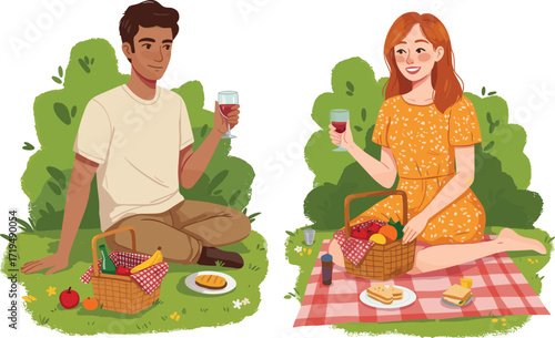  A couple enjoying a summer picnic, sitting on blankets with food baskets, a depiction of a romantic date in nature.