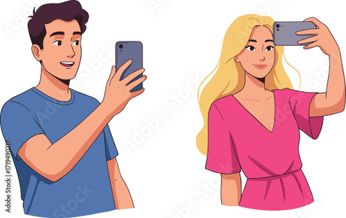A young man and woman taking selfies, capturing happy moments, representing social media, lifestyle, and modern technology.