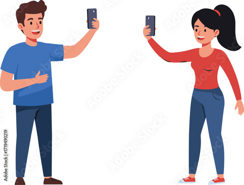 A young man and woman taking selfies, capturing happy moments, representing social media, lifestyle, and modern technology.
