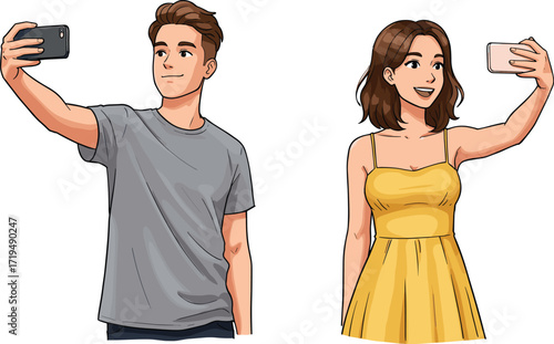 A young man and woman taking selfies, capturing happy moments, representing social media, lifestyle, and modern technology.
