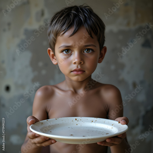 sad, hungry, starving boy with empty plate, concept of poverty and malnutrition