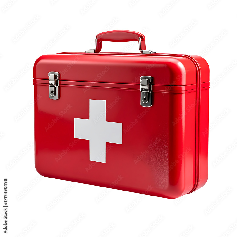 Fototapeta premium Red metal first-aid box, white cross, carrying handle, latches