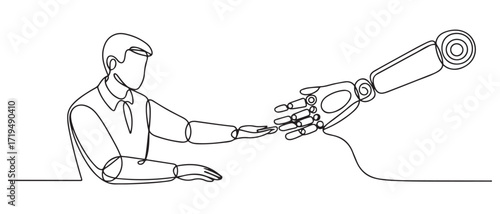 Simple continuous line drawing of An engineer is programming a robotic hand. one line Icon drawing with white background