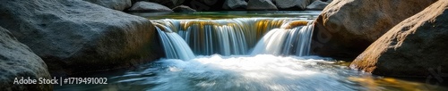 Serene Waterfall Cascade Tranquil Flowing Water Over Smooth Rocks in Sunlight
