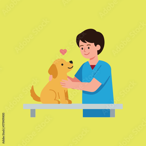 A cartoon illustration shows a vet gently stroking a dog, with a pink heart floating above the dog, on a yellow background.