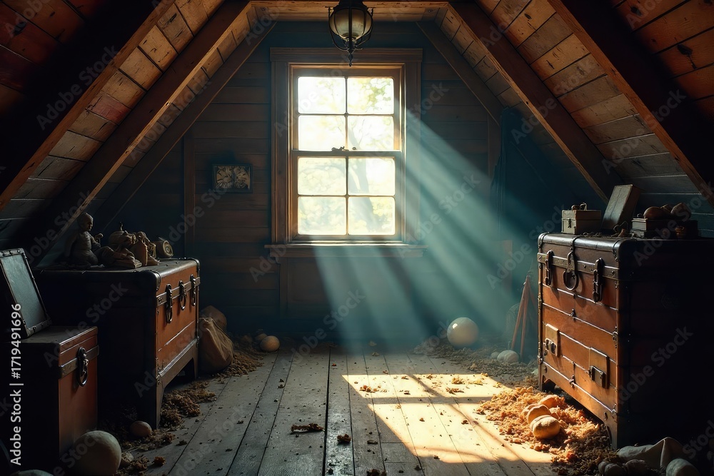 Fototapeta premium Sunbeams Dance in Dusty Attic Forgotten Toys and Antique Furniture Illuminate a Scene of Bygone Memories