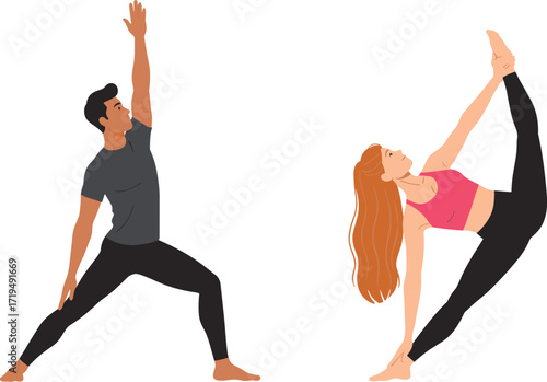 Man and woman practicing yoga poses. Diverse couple in Warrior II and Tree Pose, promoting wellness, mindfulness, and healthy lifestyle.